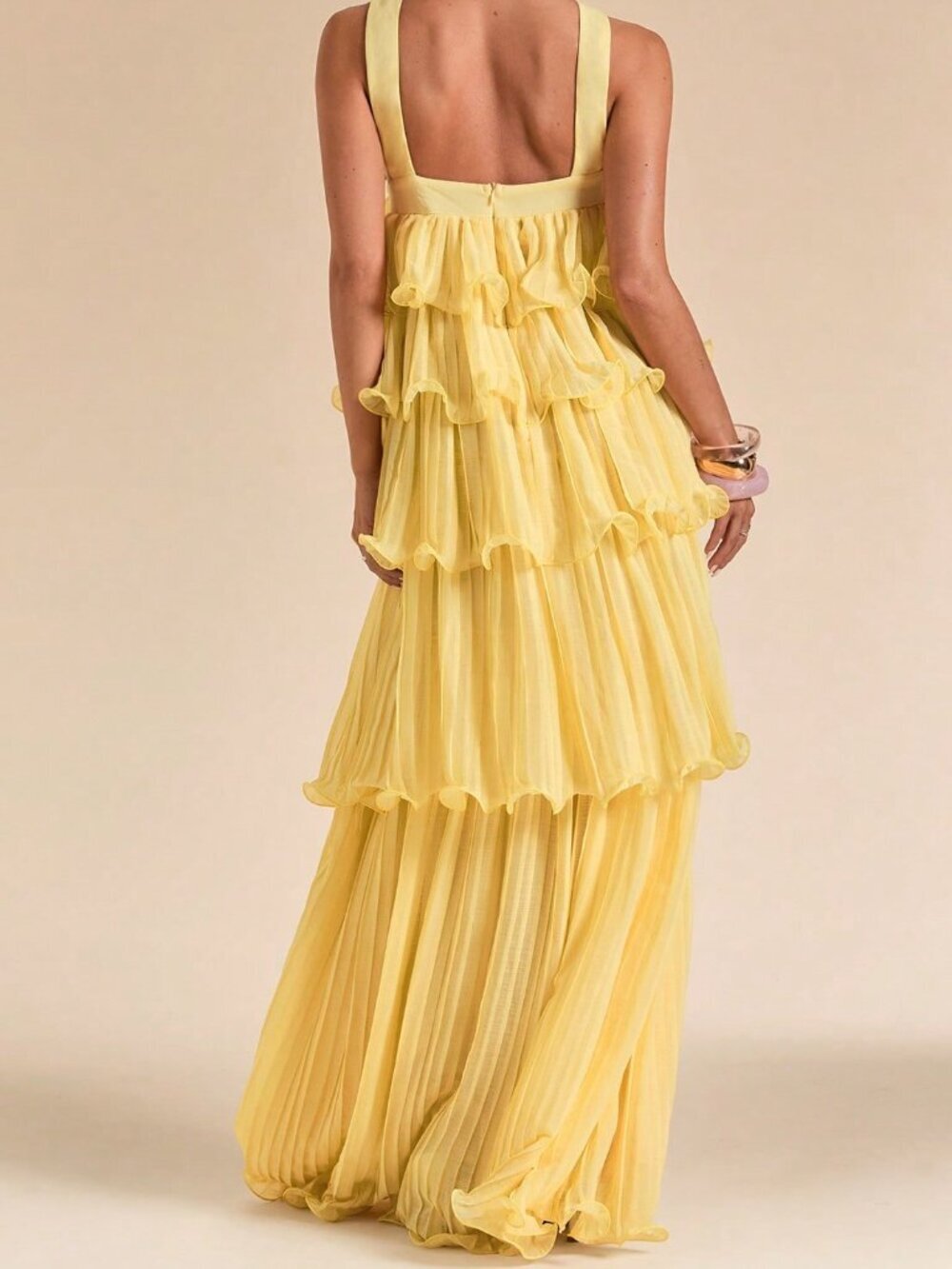 Light Yellow Sexy Women's Long Wide Ruffle Pleated Halter Neck Backless Dress - Picture 4 of 6